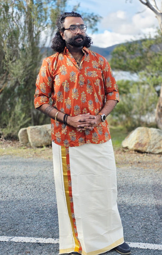 Rust Orange Floral Printed Rayon Full Sleeve Shirt with Kerala Double Dhoti Set