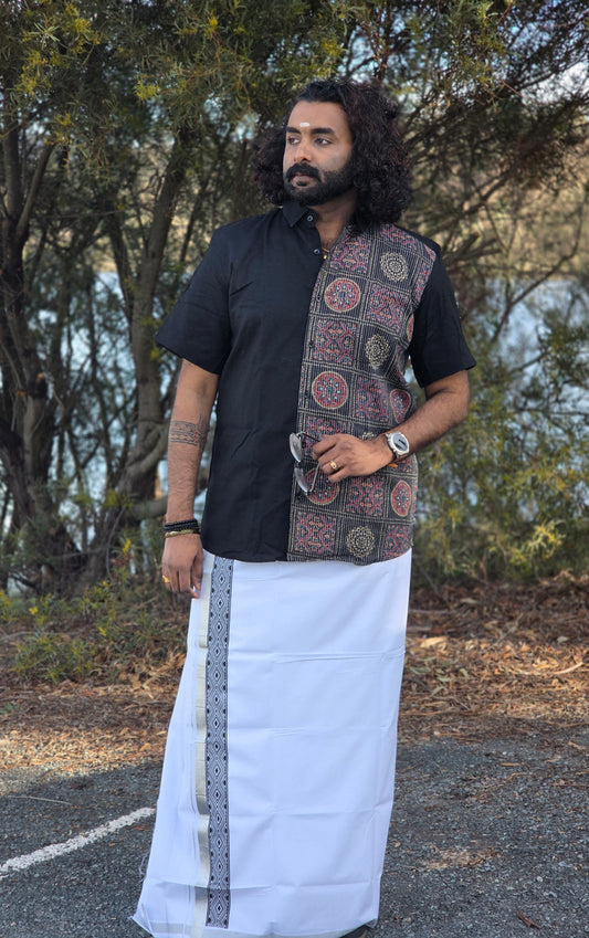 Half & Half Black Cotton & Kantha Work Half Sleeve Shirt with Kerala Double Dhoti Set