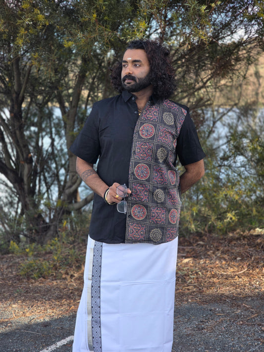 Half & Half Black Cotton & Kantha Work Half Sleeve Shirt with Kerala Double Dhoti Set