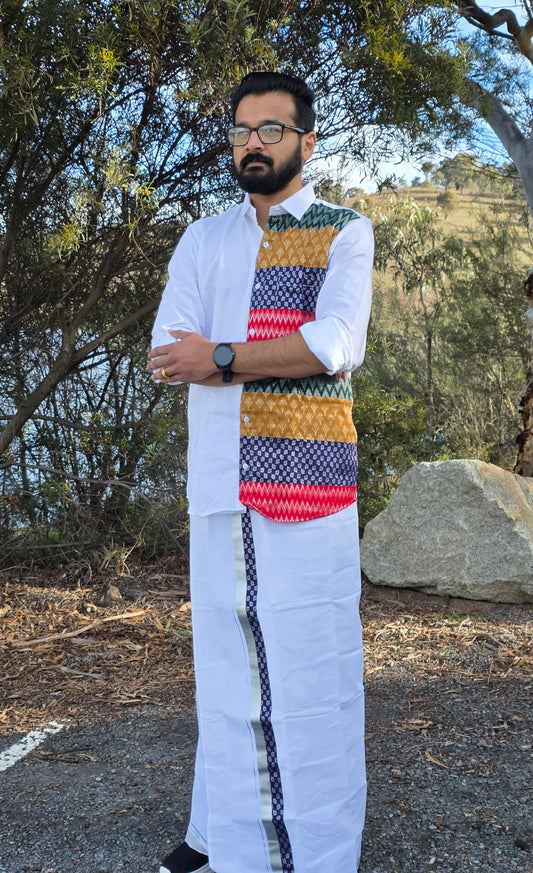 Half & Half White Cotton & Multi-Ikat Patch Full Sleeve Shirt with Kerala Mundu Set