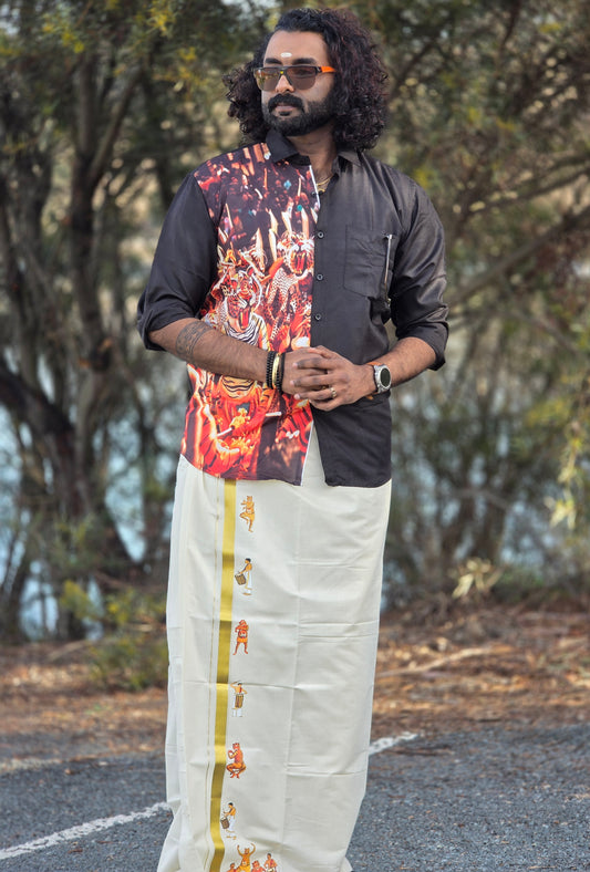 Half & Half Black Cotton & Pulikali Sticker Print Full Sleeve Shirt with Kerala Double Dhoti Set