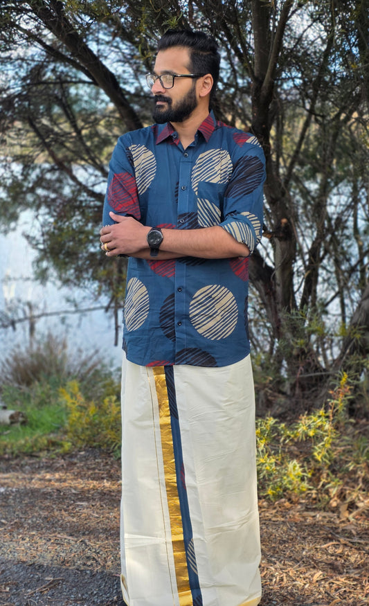 Indigo Circle Print Rayon Full Sleeve Shirt with Kerala Off-White Double Dhoti Set