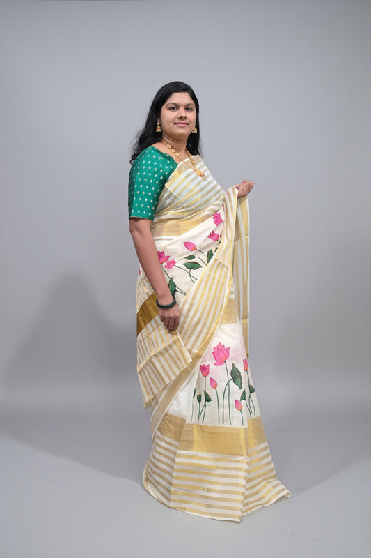 Kerala Cotton Saree with Pink Lotus Print & Gold Zari Stripes | Ready to Wear Blouse