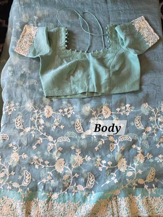 Seafoam Green Pure Organza Saree with Intricate Embroidery & Stitched Blouse
