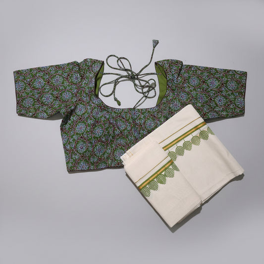 Kerala Set Mundu with Printed Blouse | 2.5M Cream Cotton with Arch Border Design