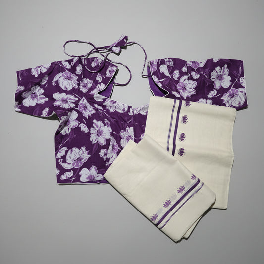 Puliyilakkara Set Mundu with Lotus Design | 2.75M with Printed Ready-to-Wear Blouse