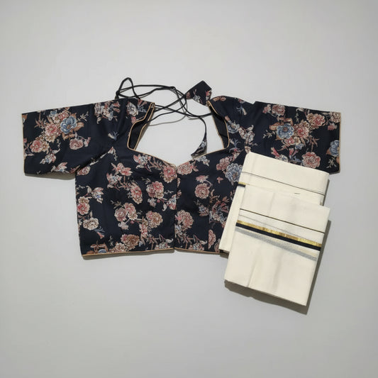 Puliyilakkara Set Mundu with Gold Kasavu Stripe | Kerala Cotton with Printed Blouse