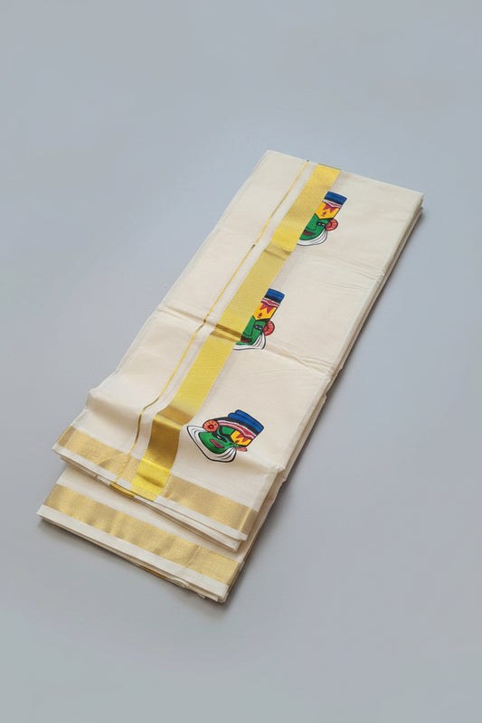 Kerala Men's Double Dhoti | Hand-Painted Kathakali Motifs | Gold Kasavu Border
