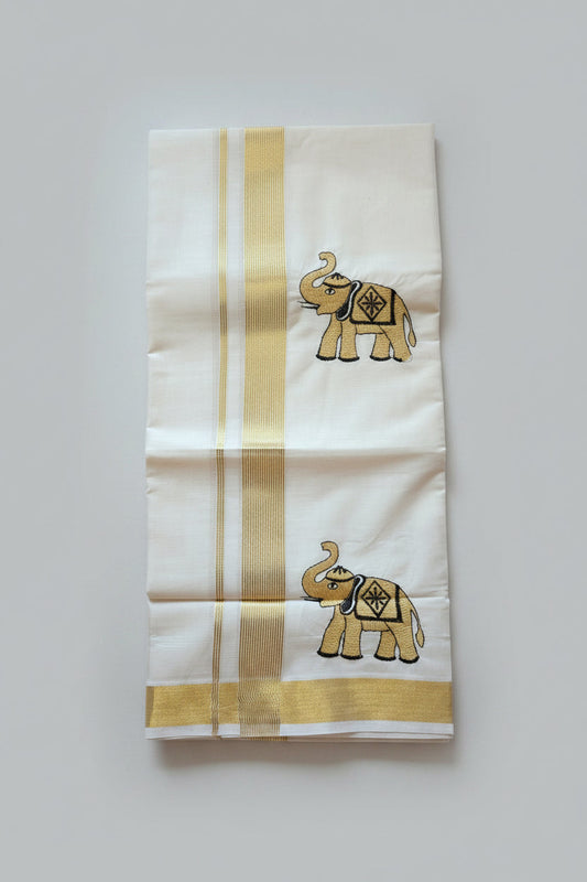 Kerala men's double mundu in white with fine gold zari border and machine-embroidered caparisoned elephant motifs