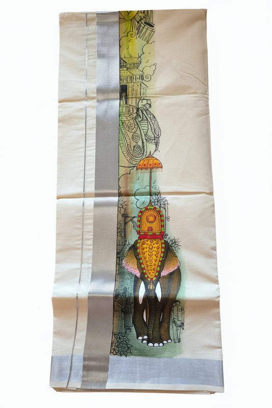 Kerala Men's Double Mundu | Silver Zari Border | Hand-Painted Elephant Motif