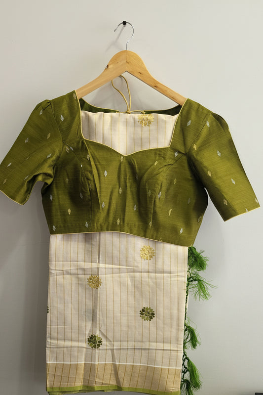 Kerala Tissue Saree with Scattered Gold Floral Butta & Kasavu Border | Ready to Wear Blouse