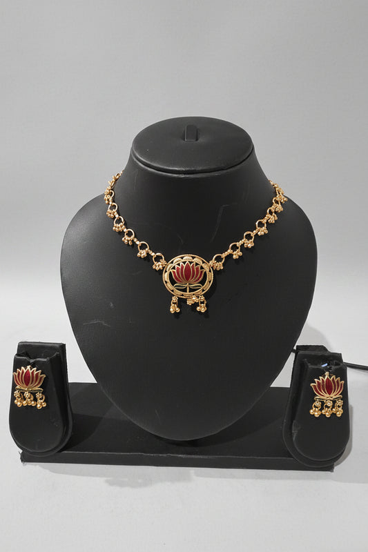 Lotus Enamel Pendant Necklace Set with Jhumka Earrings | Antique Gold Finish