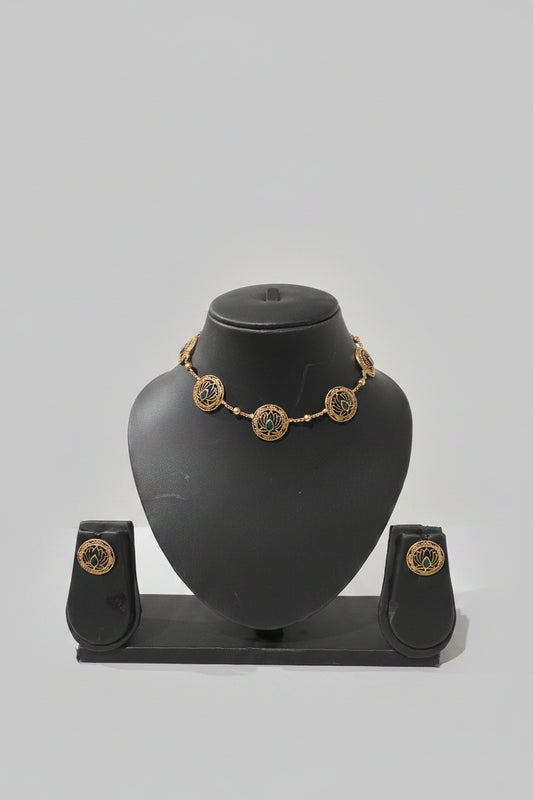 Lotus Filigree Medallion Necklace Set with Stud Earrings | Antique Gold Finish