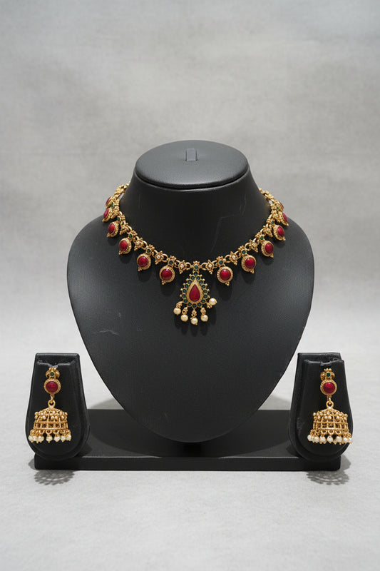 Kerala Kemp Stone Teardrop Necklace Set with Jhumka Earrings