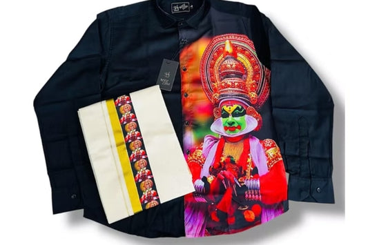 Half & Half Black Cotton & Kathakali Print Full Sleeve Shirt with Kerala Off-White Double Dhoti Set