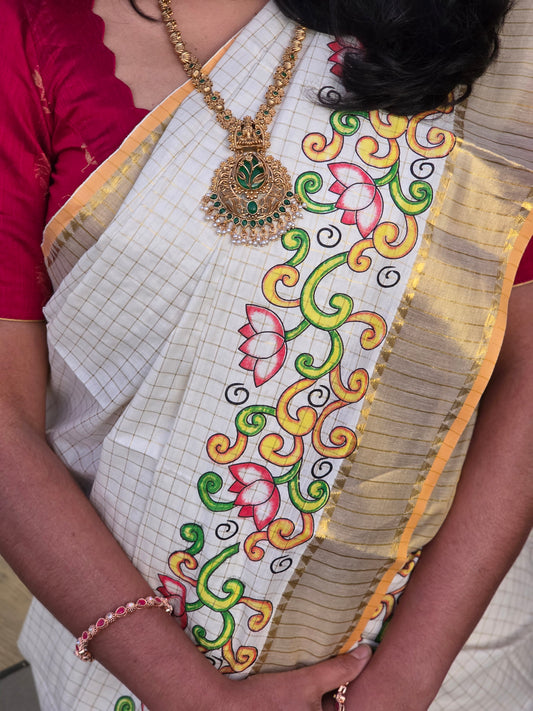 Mural Digital Design Kerala Cotton Saree with Ready to Wear Blouse