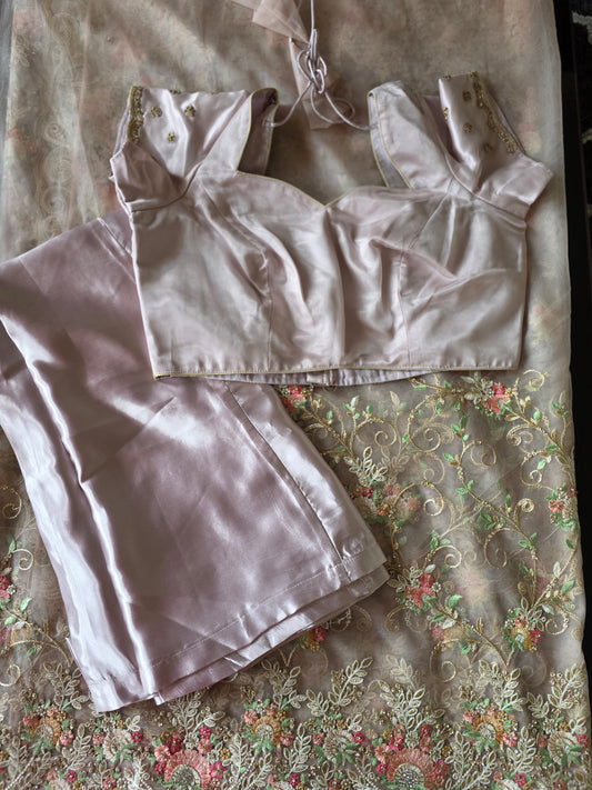 Dusty Pink Embroidered Soft Net Saree with Stitched Blouse & Satin Underskirt