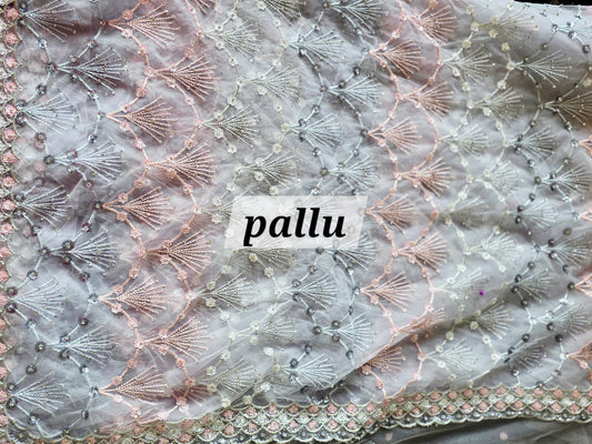 Lavender Grey Embellished Soft Net Cocktail Saree with Padded Blouse & Satin Underskirt