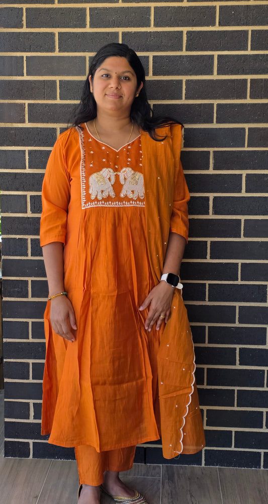Orange Mulchanderi 3-piece kurta set with elephant motif embroidery and sequin work - Indian ethnic wear Australia