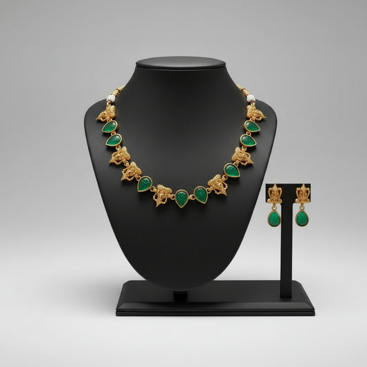 Ganesha Necklace with Green Tear Drop Stone and Earrings - Divine Jewellery Set
