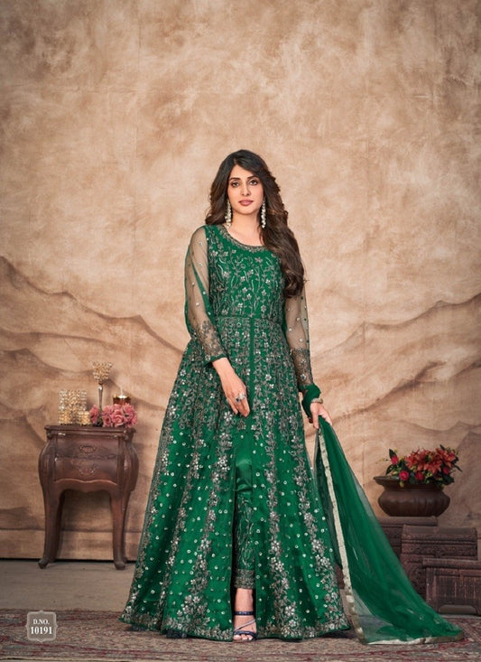 Green Embroidered Designer Net Salwar Suit
