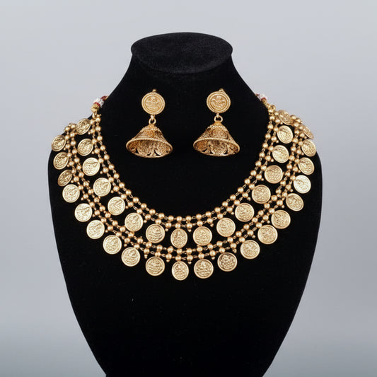 Double Layer Coin Necklace with Jhumka - Traditional Indian Jewellery Set