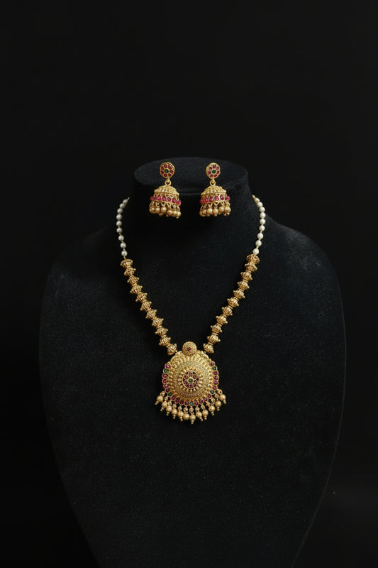 Golden Bead and Pearl Medium Haram with Jhumka - Traditional South Indian Jewellery Set