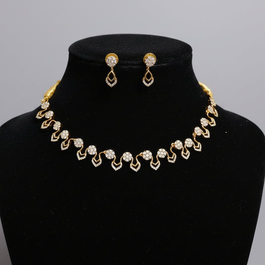 AD Necklace with Small Round Floral Pattern and Studs - American Diamond Jewellery Set