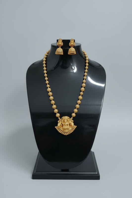 Medium Haram with Mixed Golden Beads, Goddess Pendant and Jhumka - Divine Temple Jewellery Set