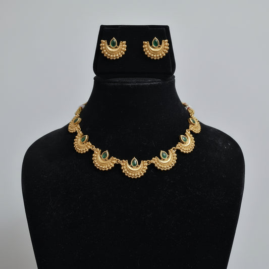 Green Chandbali Necklace with Ear Studs - Traditional Indian Jewellery Set