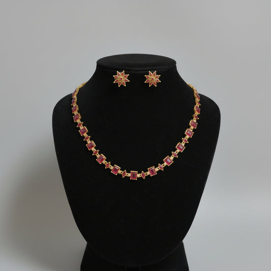 Ruby Stone Necklace with Rectangle and Tear Drop Pattern - Elegant Indian Jewellery