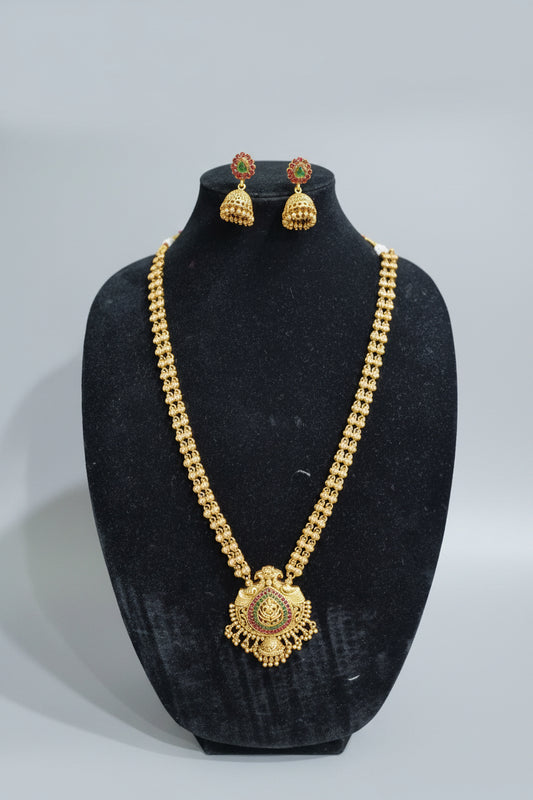 Long Antique Gold Haaram with Ruby & Emerald Temple Pendant & Jhumka Earrings