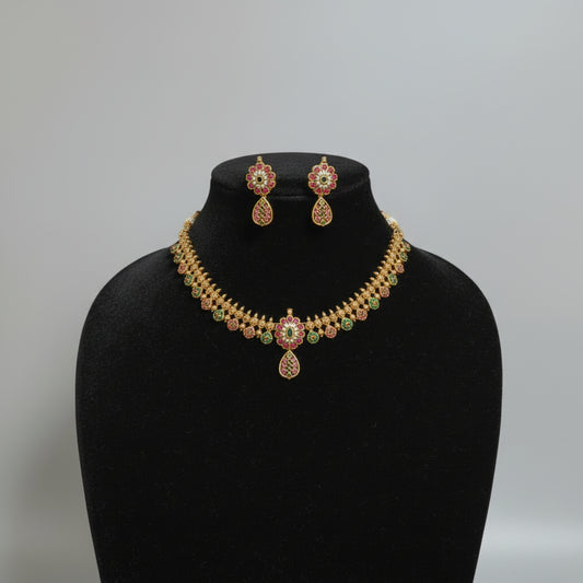 Ruby and Green Tiny Floral Designed Necklace - Delicate Indian Jewellery