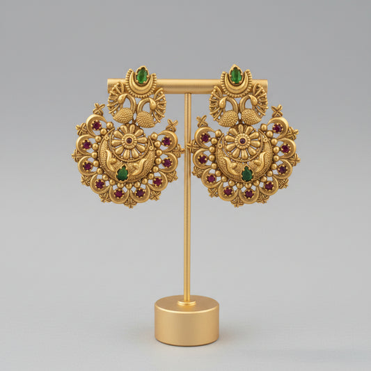 Peacock Chandbali Temple Earrings – Antique Gold