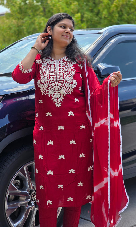 Rayon Lucknowi 3 piece set with Shibori dupatta