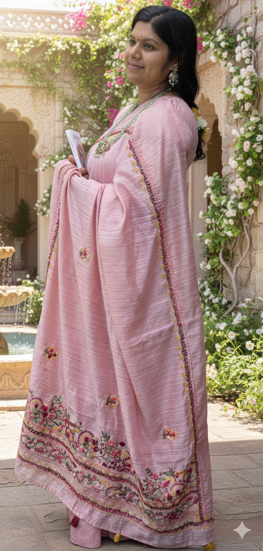 German Jute Hand Embroidery Saree with stitched blouse.