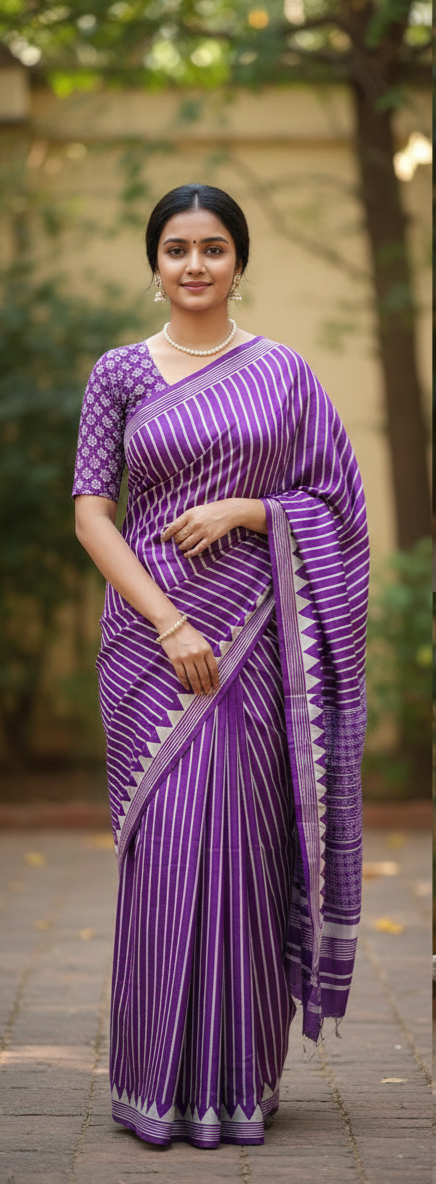 Modal Satin Striped Saree with Circle Pallu and Printed Blouse Piece