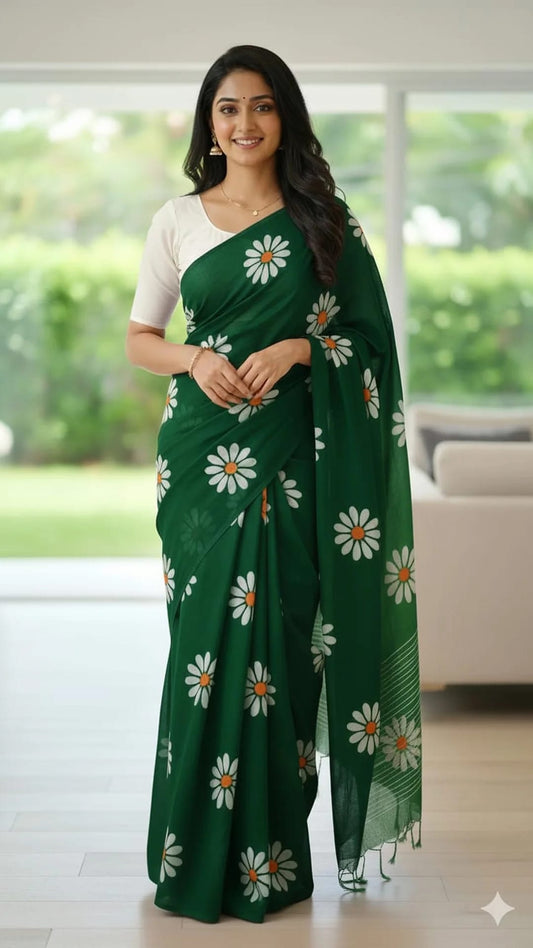 Khadi Cotton Sunflower Block Printed Saree