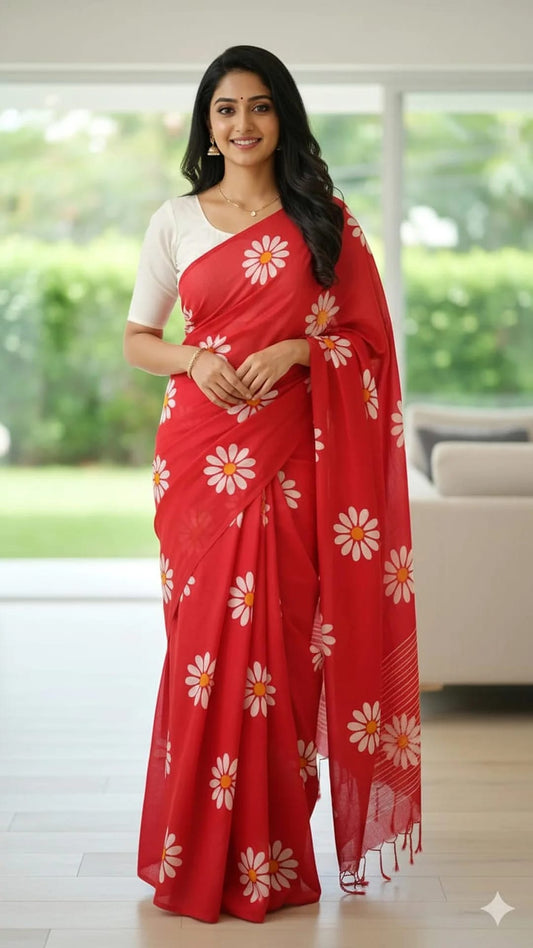 Khadi Cotton Sunflower Block Printed Saree