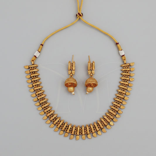 Antique Gold Trapezoid & Leaf Necklace Set with Jhumka Earrings