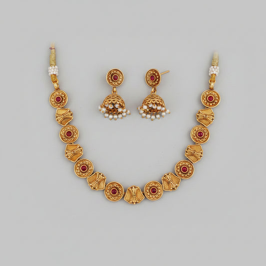 Antique Gold Floral Disc Necklace Set with Jhumka Earrings – Ruby