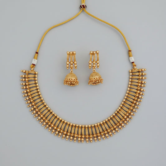 Antique Gold Bar & Bead Necklace Set with Jhumka Earrings