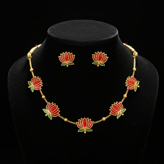 Manju Warrier Inspired Lotus Necklace Set with Ear Studs - Elegant Kerala Jewellery