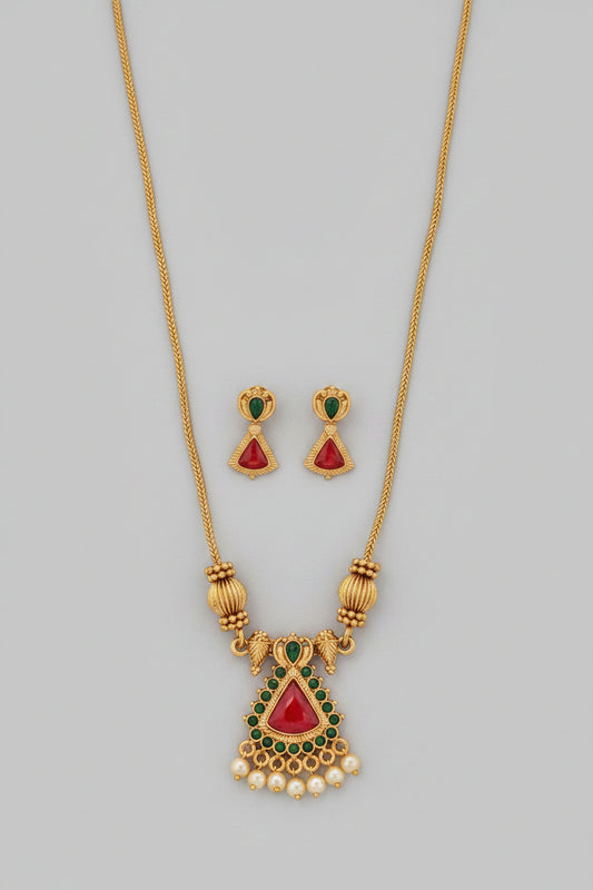 Ruby & Emerald Antique Gold Long Necklace Set with Drop Earrings
