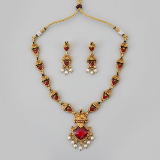 Ruby Kemp Dome Antique Necklace Set with Jhumka Earrings