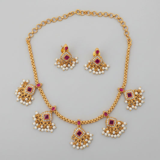 Antique Gold Ruby Square CZ Necklace Set with Earrings & Pearl Drops