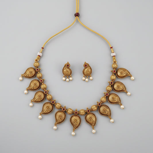 Antique Gold Paisley Necklace Set with Earrings – Ruby & Multicolour