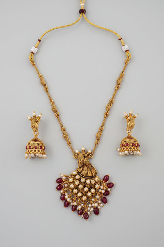 Peacock Antique Long Necklace Set with Ruby Beads & Pearl Jhumka Earrings