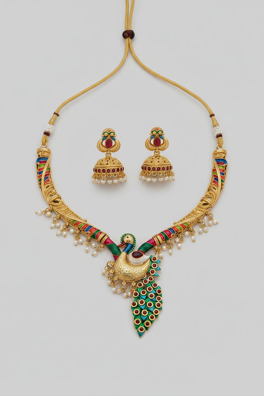 Peacock Antique Temple Necklace Set with Jhumka Earrings