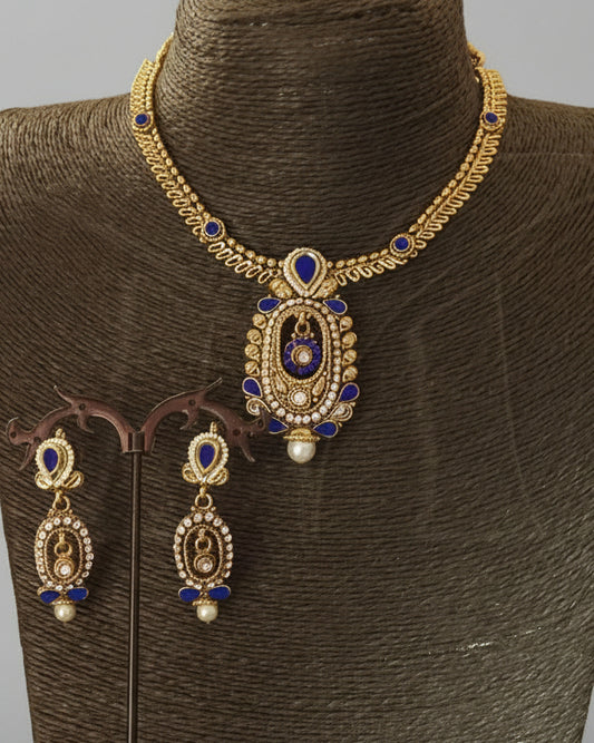 Blue Meenakari Antique Necklace Set with Drop Earrings